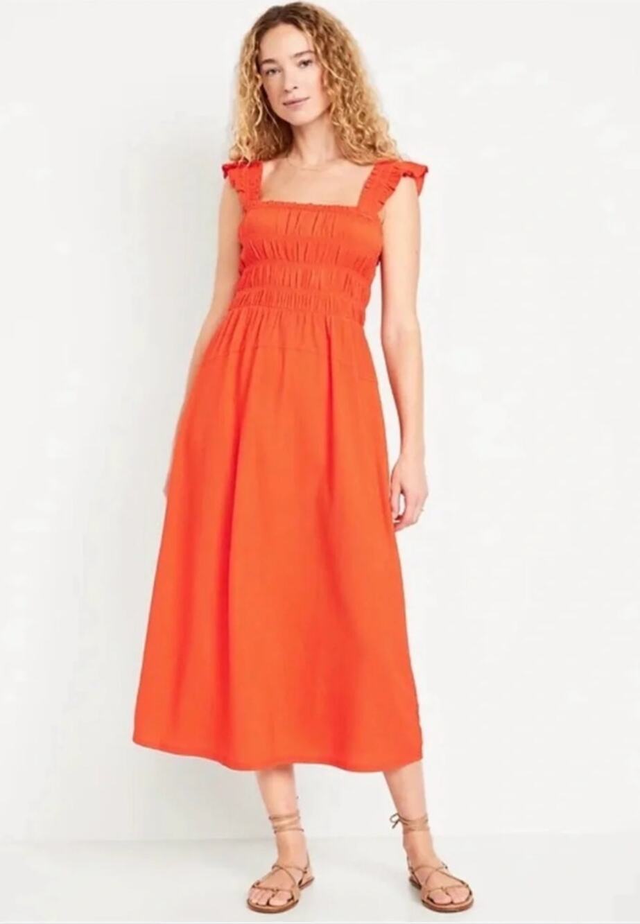 NWT Old Navy Fit and Flare Smocked Nap Midi Dress in Darling Clementine Medium